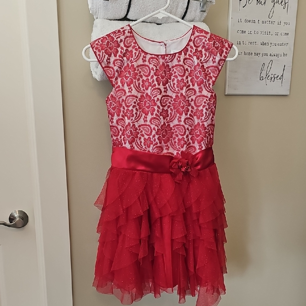 Jona Michelle Red Lace Layered Kids Dress